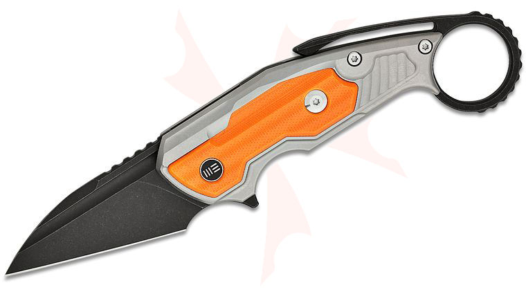 We Knife Company Maciej Torbe Yardbird Button Lock Flipper Knife 2.44 inch CPM-20CV Black Stonewashed Wharncliffe Blade, Gray Titanium Handles with Orange G10 Inlays, Integral Pinky Ring Backspacer/Pocket Clip