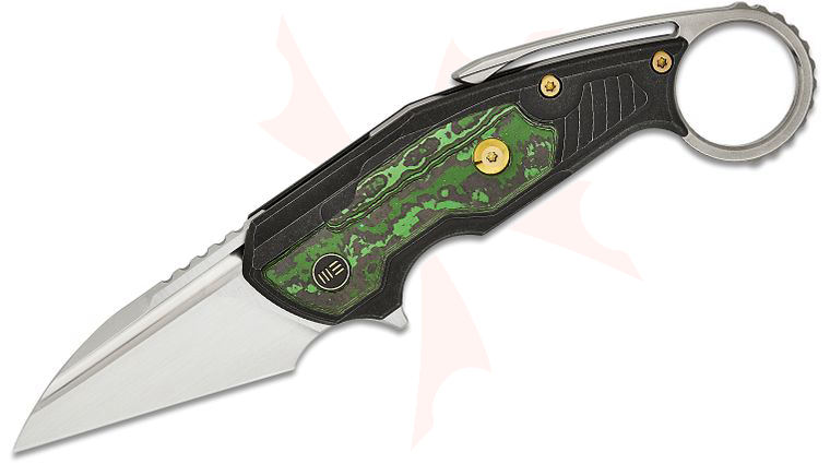We Knife Company Maciej Torbe Yardbird Button Lock Flipper Knife 2.44 inch CPM-20CV Hand Rubbed Satin Wharncliffe Blade, Black Titanium Handles with Jungle Wear FatCarbon Inlays, Integral Pinky Ring Backspacer/Pocket Clip