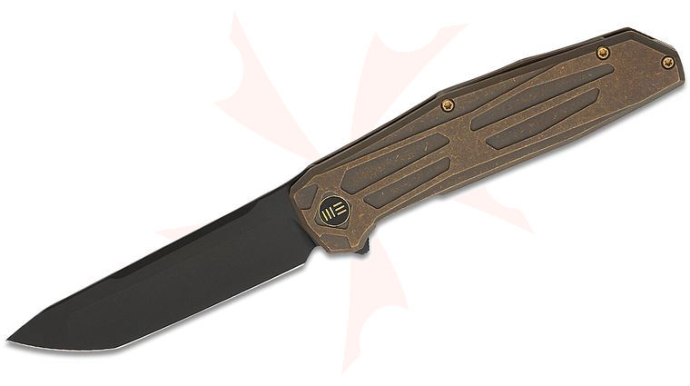 We Knife Company Rafal Brzeski Shadowfire Flipper Knife 3.97 inch CPM-20CV Black Stonewashed Tanto Blade, Bronze Titanium Handles