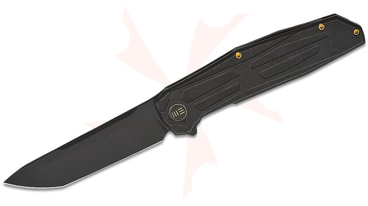 We Knife Company Rafal Brzeski Shadowfire Flipper Knife 3.97 inch CPM-20CV Black Stonewashed Tanto Blade, Black Titanium Handles
