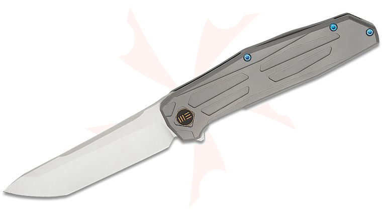 We Knife Company Rafal Brzeski Shadowfire Flipper Knife 3.97 inch CPM-20CV Hand Polished Satin Tanto Blade, Gray Titanium Handles