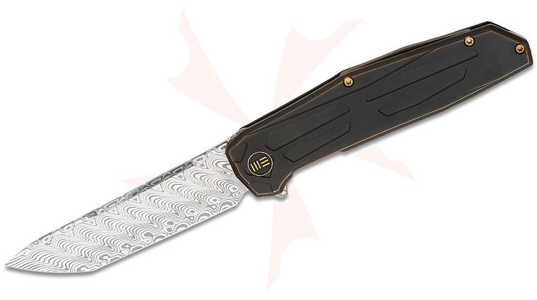 We Knife Company Rafal Brzeski Shadowfire Flipper Knife 3.97 inch Hakkapella Damasteel Tanto Blade, Bronze/Black Titanium Handles