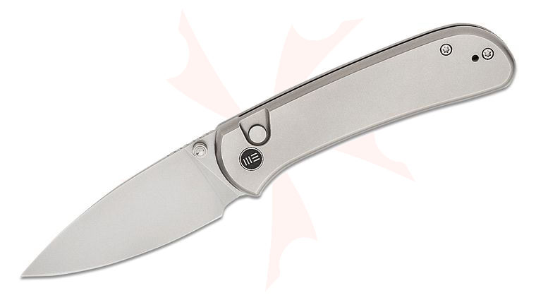 We Knife Company Qubit Button Lock Folding Knife 3.2 inch CPM-20CV Polished Bead Blasted Drop Point Blade, Polished Bead Blast Titanium Handles
