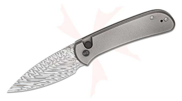 We Knife Company Qubit Button Lock Folding Knife 3.2 inch Fafnir Damasteel Drop Point Blade, Polished Gray Orange Peel Textured Titanium Handles
