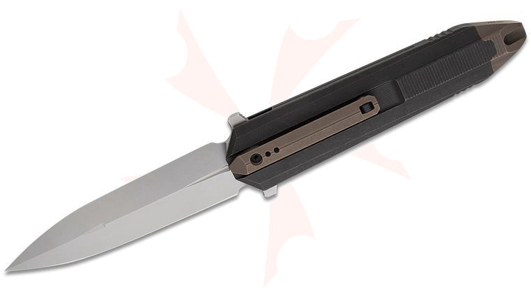 We Knife Company Diatomic Flipper Knife 3.78 inch CPM-20CV Bead Blasted Single Edge Dagger Blade, Black Titanium Handles, Bronze Accents