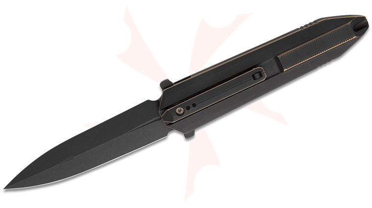 We Knife Company Diatomic Flipper Knife 3.78 inch CPM-20CV Black Stonewashed Single Edge Dagger Blade, Bronze/Black Titanium Handles