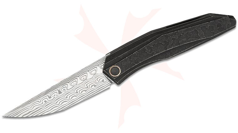 We Knife Company Limited Edition Cybernetic Front Flipper Knife 3.91 inch Hakkapella Damasteel Straight Back Blade, Black Stonewashed Etched Titanium Handles