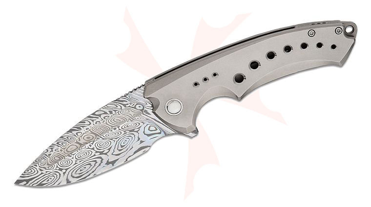 We Knife Company Limited Edition Nexusia Frame Lock Flipper Knife 3.48 inch Heimskringla Damasteel Compound Drop Point Blade, Polished Bead Blasted Titanium Handles