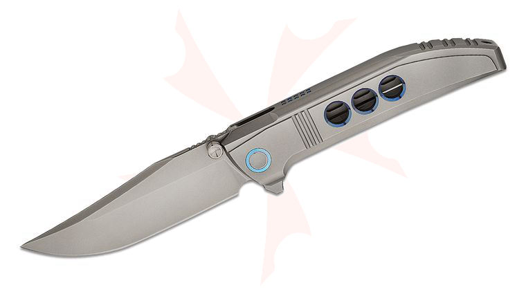 We Knife Company Ezinta Integral Frame Lock Flipper Knife 3.99 inch M390 Polished Bead Blasted Clip Point Blade, Polished Bead Blast Single-Piece Titanium Handle with Blue Holes