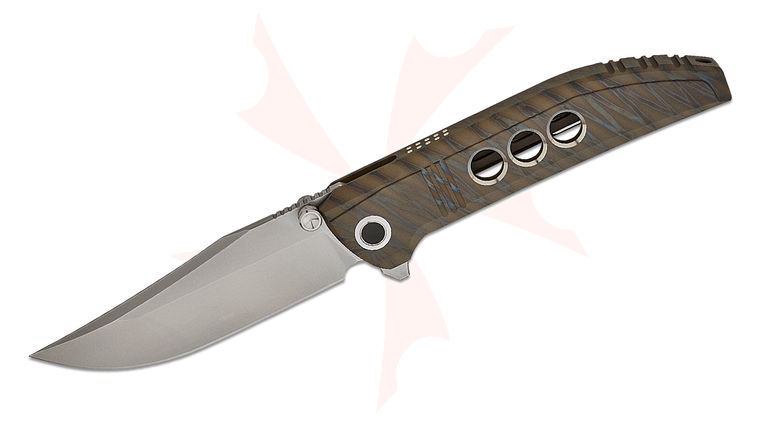 We Knife Company Ezinta Integral Frame Lock Flipper Knife 3.99 inch M390 Polished Bead Blasted Clip Point Blade, Tiger Stripe Flamed Single-Piece Titanium Handle with Satin Holes