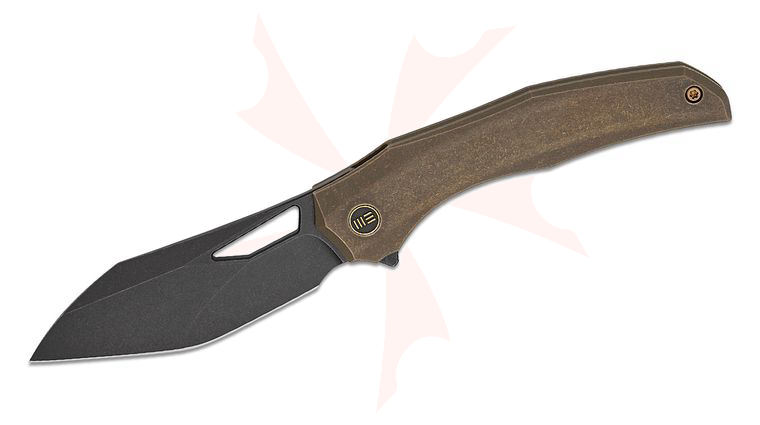 We Knife Company Toni Tietzel Ignio Frame Lock Flipper Knife 3.3 inch CPM-20CV Black Stonewashed Wharnto Wharncliffe/Tanto Blade, Bronze Contoured Titanium Handles