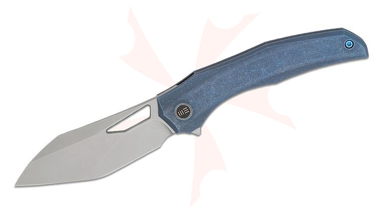We Knife Company Toni Tietzel Ignio Frame Lock Flipper Knife 3.3 inch CPM-20CV Stonewashed Wharnto Wharncliffe/Tanto Blade, Blue Contoured Titanium Handles