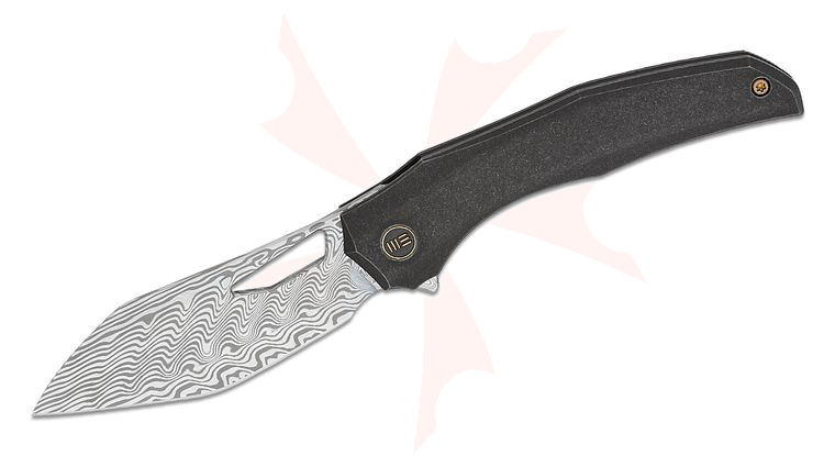 We Knife Company Toni Tietzel Ignio Frame Lock Flipper Knife 3.3 inch Hakkapella Damasteel Wharnto Wharncliffe/Tanto Blade, Black Contoured Titanium Handles, Timascus Clip