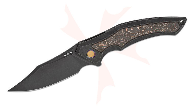 We Knife Company Limited Edition Orpheus Frame Lock Flipper Knife 3.48 inch CPM-20CV Black Stonewashed Clip Point Blade, Black Titanium Handles with Copper Foil Carbon Fiber Inlays