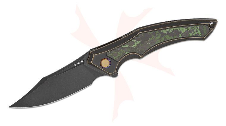 We Knife Company Limited Edition Orpheus Frame Lock Flipper Knife 3.48 inch CPM-20CV Black Stonewashed Clip Point Blade, Black Titanium Handles with Jungle Wear FatCarbon Inlays
