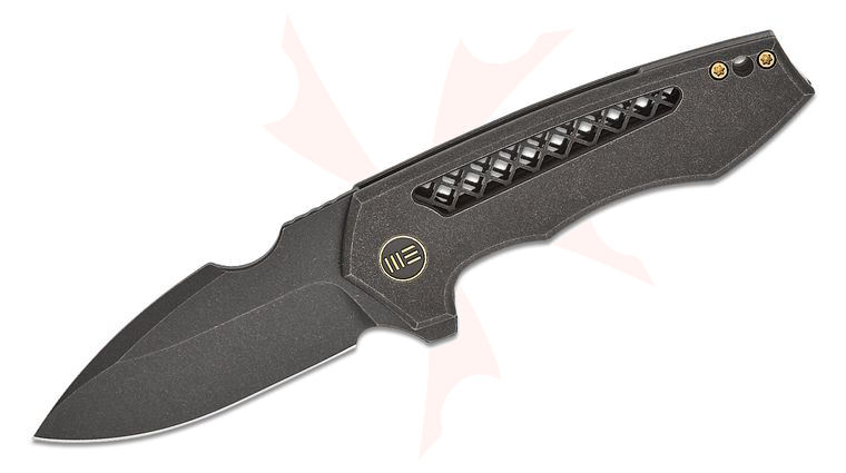 We Knife Company Michael Burch Harpen Frame Lock Flipper Knife 2.98 inch CPM-20CV Black Stonewashed Drop Point Blade, Black Venting Machined Titanium Handles