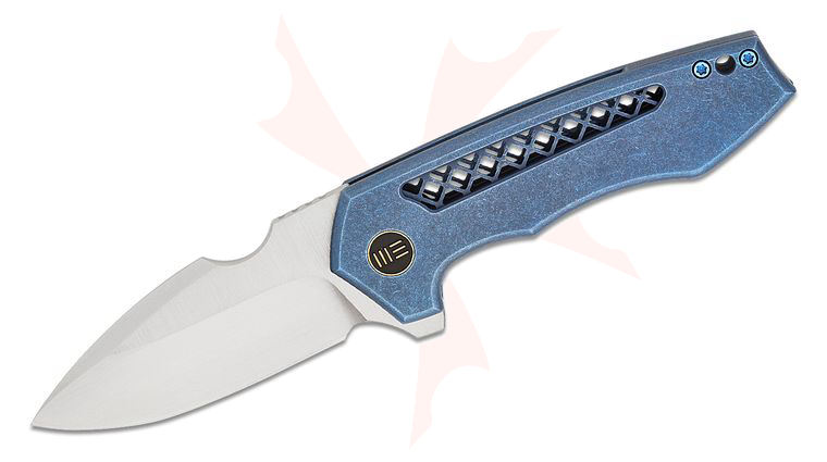 We Knife Company Michael Burch Harpen Frame Lock Flipper Knife 2.98 inch CPM-20CV Hand Rubbed Stain Drop Point Blade, Blue Venting Machined Titanium Handles
