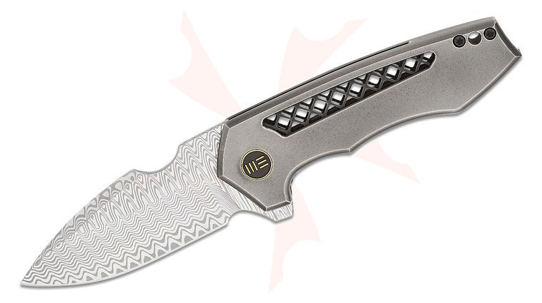 We Knife Company Michael Burch Harpen Frame Lock Flipper Knife 2.98 inch Hugin Damasteel Drop Point Blade, Polished Gray Venting Machined Titanium Handles