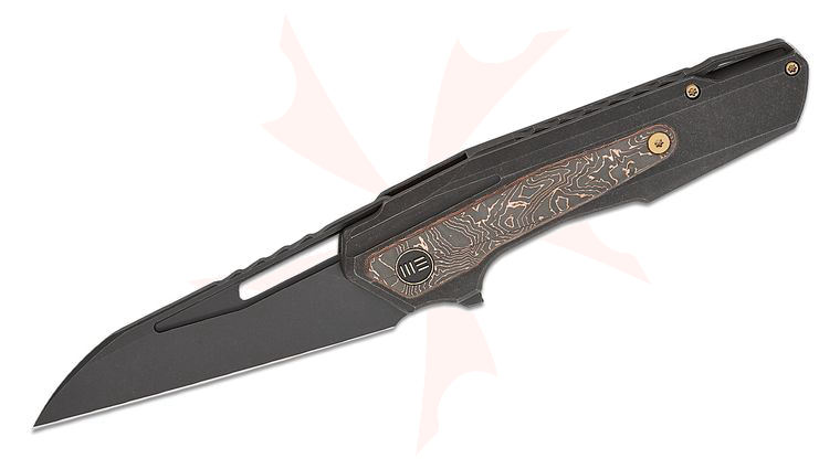 We Knife Company Maciej Torbe Falcaria Nested Frame Lock Flipper Knife 3.64 inch CPM-20CV Black Stonewashed Wharncliffe Blade, Black Titanium Handles with Copper Foil Carbon Fiber Inlays