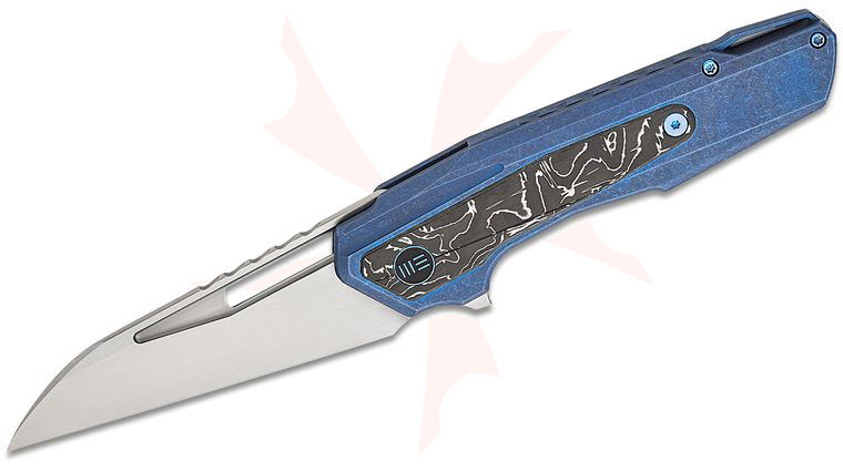 We Knife Company Maciej Torbe Falcaria Nested Frame Lock Flipper Knife 3.64 inch CPM-20CV Hand Rubbed Wharncliffe Blade, Blue Titanium Handles with Aluminum Foil Carbon Fiber Inlays
