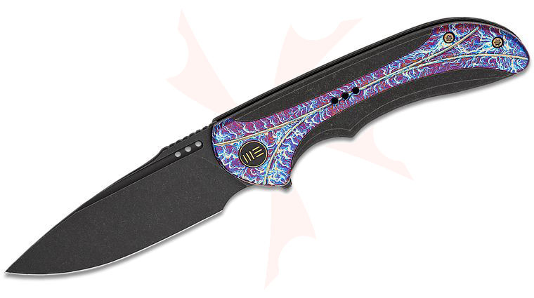 We Knife Company Equivik Nested Frame Lock Flipper Knife 3.48 inch CPM-20CV Black Stonewashed Drop Point Blade, Black Titanium Handles with Flamed Titanium Scales