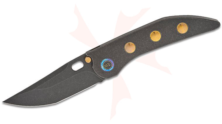 We Knife Company Dalibor Bergam Attor Integral Frame Lock Folding Knife 3.55 inch CPM-20CV Black Stonewashed Modified Persian Blade, Black and Gold One-Piece Titanium Handle