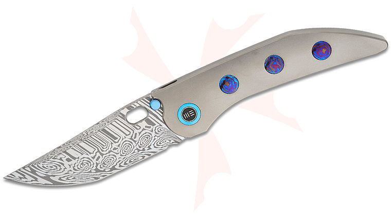 We Knife Company Dalibor Bergam Attor Integral Frame Lock Folding Knife 3.55 inch Heimskringla Damasteel Modified Persian Blade, Polished Bead Blasted and Flamed One-Piece Titanium Handle