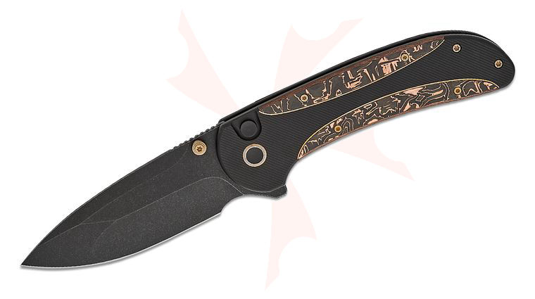 We Knife Company Zizzit Button Lock Flipper Knife 3.8 inch CPM-20CV Black Stonewashed Compound Drop Point Blade, Black Titanium Handles with Copper Foil Carbon Fiber Inlays