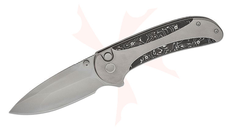 We Knife Company Zizzit Button Lock Flipper Knife 3.8 inch CPM-20CV Polished Bead Blasted Compound Drop Point Blade, Polished Bead Blast Titanium Handles with Aluminum Foil Carbon Fiber Inlays