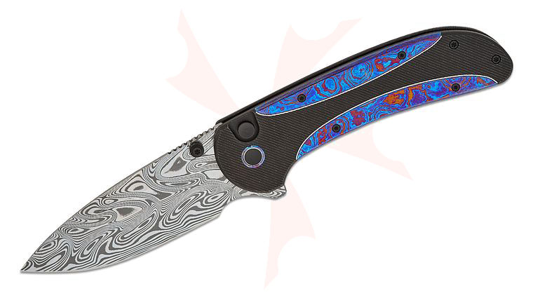 We Knife Company Zizzit Button Lock Flipper Knife 3.8 inch Thor Damasteel Compound Drop Point Blade, Black Titanium Handles with Timascus Inlays