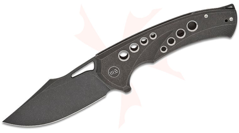 We Knife Company Swiftfin Frame Lock Flipper Knife 3.8 inch CPM-20CV Black Stonewashed Modified Clip Point Blade, Black Milled Titanium Handles, Damasteel Pivot Cap