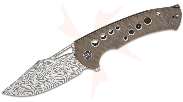 We Knife Company Swiftfin Frame Lock Flipper Knife 3.8 inch Thor Damasteel Modified Clip Point Blade, Tiger Stripe Flamed Milled Titanium Handles, Damasteel Pivot Cap