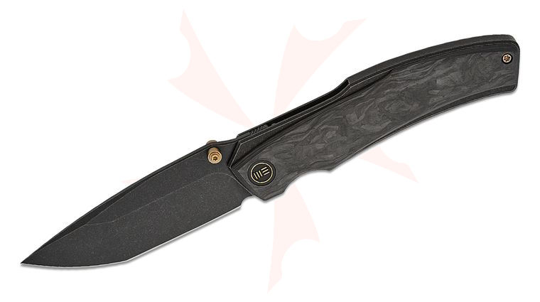 We Knife Company Thys Meades Swordfin Liner Lock Front Flipper Knife 3.28 inch CPM-20CV Black Stonewashed Tanto Blade, Black Titanium Handles with Shredded Carbon Fiber Scales