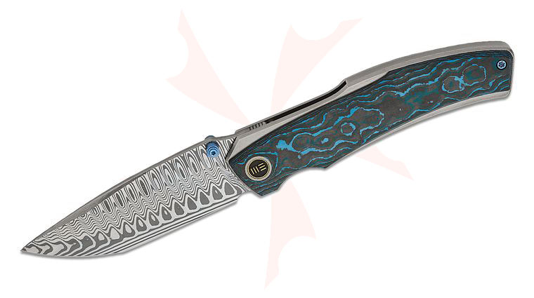 We Knife Company Thys Meades Swordfin Liner Lock Front Flipper Knife 3.28 inch Hugin Damasteel Tanto Blade, Polished Bead Blasted Titanium Handles with Arctic Storm FatCarbon Scales