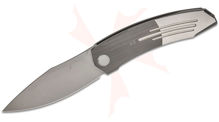 We Knife Company Sine Wave Nested Liner Lock Front Flipper Knife 3.98 inch M390 Stonewashed Drop Point Blade, Gray Hand Rubbed & Satin Machined Titanium Handles