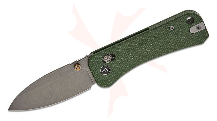 We Knife Company Ben Petersen Banter 2 Crossbar Lock Folding Knife 2.87 inch S35VN Gray Stonewashed Drop Point Blade, Green Canvas Micarta Handles, Reversible Clip