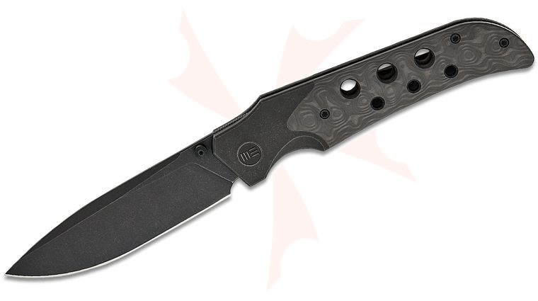 We Knife Company Jason Guthrie WE-Guthrie Bolster Lock Front Flipper Knife 3.94 inch CPM-20CV Black Stonewashed Drop Point Blade, Black Bolstered Titanium Handles with Rose Carbon Fiber Scales
