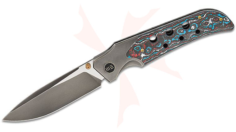 We Knife Company Jason Guthrie WE-Guthrie Bolster Lock Front Flipper Knife 3.94 inch CPM-20CV Polished Gray Drop Point Blade and Bolstered Titanium Handles with Nebula FatCarbon Scales