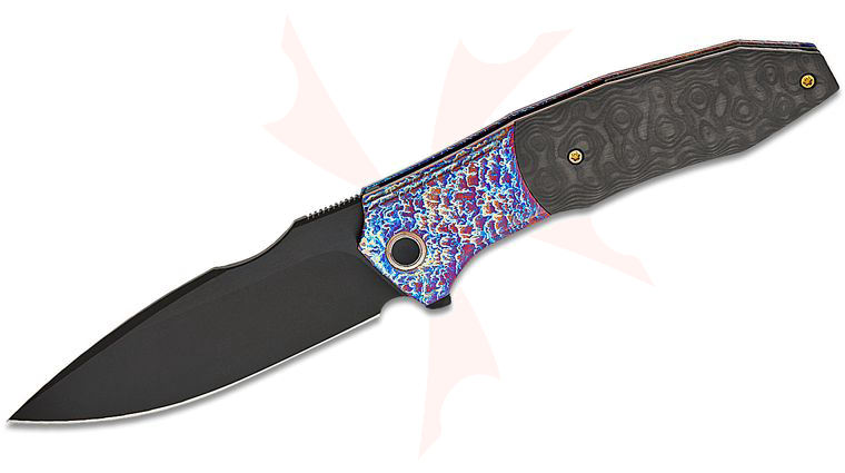 We Knife Company Archeozoic Interframe Lock Flipper Knife 4 inch M390 Black Stonewashed Drop Point Blade, Flamed Bolstered Titanium Handles with Rose Carbon Fiber Scales