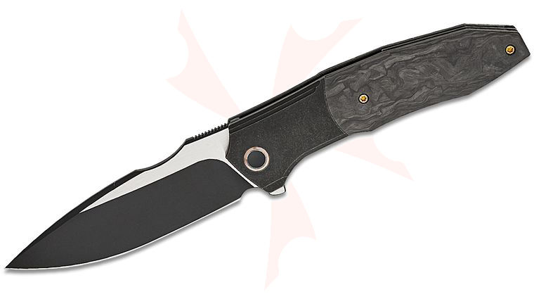 We Knife Company Archeozoic Interframe Lock Flipper Knife 4 inch M390 Two-Tone Drop Point Blade, Black Bolstered Titanium Handles with Shredded Carbon Fiber Scales