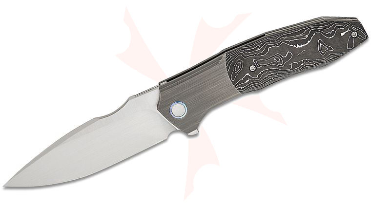 We Knife Company Archeozoic Interframe Lock Flipper Knife 4 inch M390 Hand Rubbed Satin Drop Point Blade, Gray Hand Rubbed Bolstered Titanium Handles with Aluminum Foil Carbon Fiber Scales