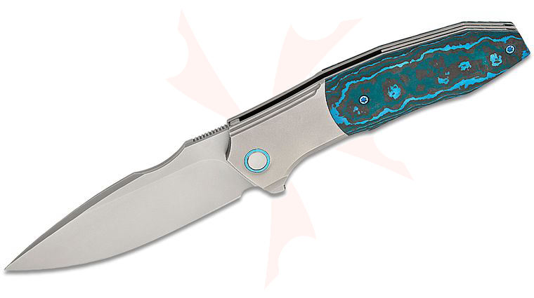 We Knife Company Archeozoic Interframe Lock Flipper Knife 4 inch M390 Polished Bead Blasted Drop Point Blade and Bolstered Titanium Handles with Arctic Storm FatCarbon Scales