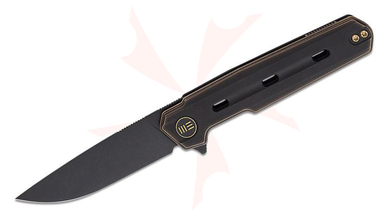 We Knife Company Ostap Hel Navo Flipper Knife 3.25 inch CPM-20CV Black Stonewashed Drop Point Blade, Black/Bronze Titanium Handles