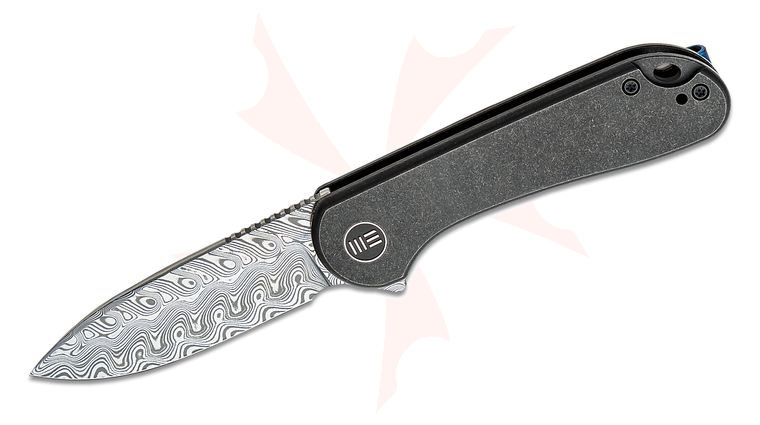 We Knife Company Elementum Flipper Knife 2.96 inch Hakkapella Damasteel Drop Point Blade, Black Stonewashed Titanium Handles