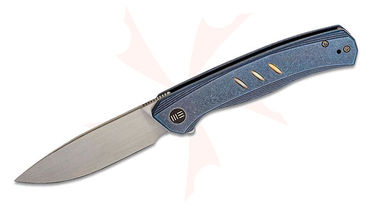We Knife Company 20015-2 Limited Edition Seer Flipper Knife 3.48 inch CPM-20CV Hand Rubbed Drop Point Blade, Blue Stonewashed Titanium Handles with Bronze Accents