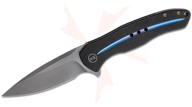 We Knife Company 2001E Kitefin Flipper Knife 3.24 inch S35VN Polished Bead Blasted Blade, Black Titanium Handles with Thin Blue Line