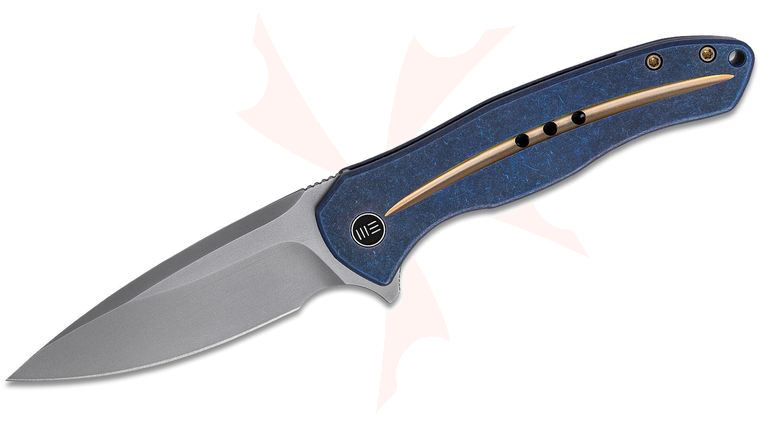 We Knife Company 2001F Kitefin Flipper Knife 3.24 inch S35VN Polished Bead Blasted Blade, Blue Titanium Handles with Thin Bronze Line