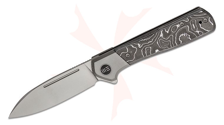 We Knife Company Soothsayer Flipper Knife 3.48 inch CPM-20CV Bead Blasted Drop Point Blade, Bolstered Titanium Handles with Aluminum Foil Carbon Fiber Scales