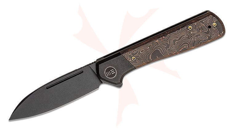 We Knife Company Soothsayer Flipper Knife 3.48 inch CPM-20CV Black Stonewashed Drop Point Blade, Bolstered Titanium Handles with Copper Foil Carbon Fiber Scales