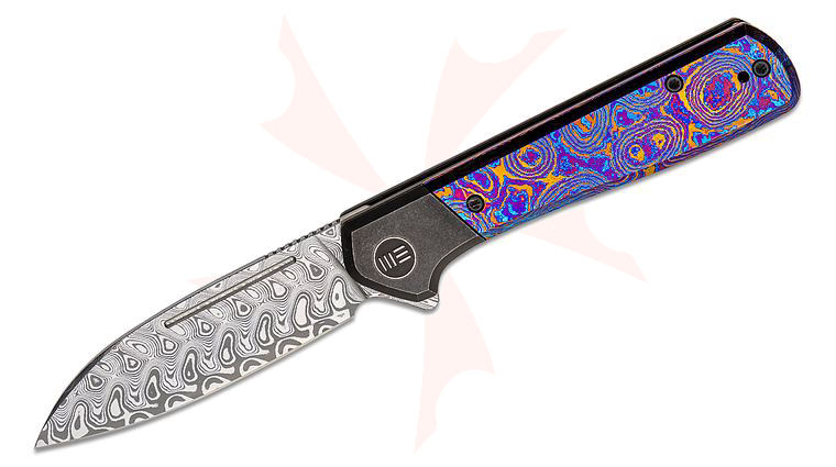 We Knife Company Soothsayer Flipper Knife 3.48 inch Hakkapella Damasteel Drop Point Blade, Bolstered Titanium Handles with Timascus Scales